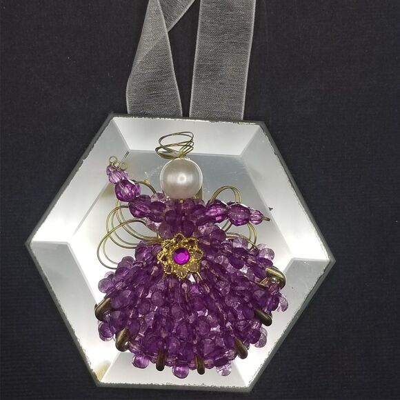 Vintage Beaded Angel Ornament on Octagon Mirror 3.5" Beads Handmade Purple - Picture 2 of 5